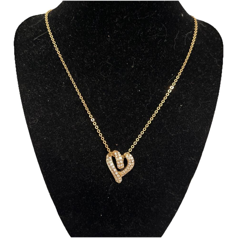 Signed Weingeroff Vintage Pave Crystal Polished Gold 2 Heart Necklace 10”